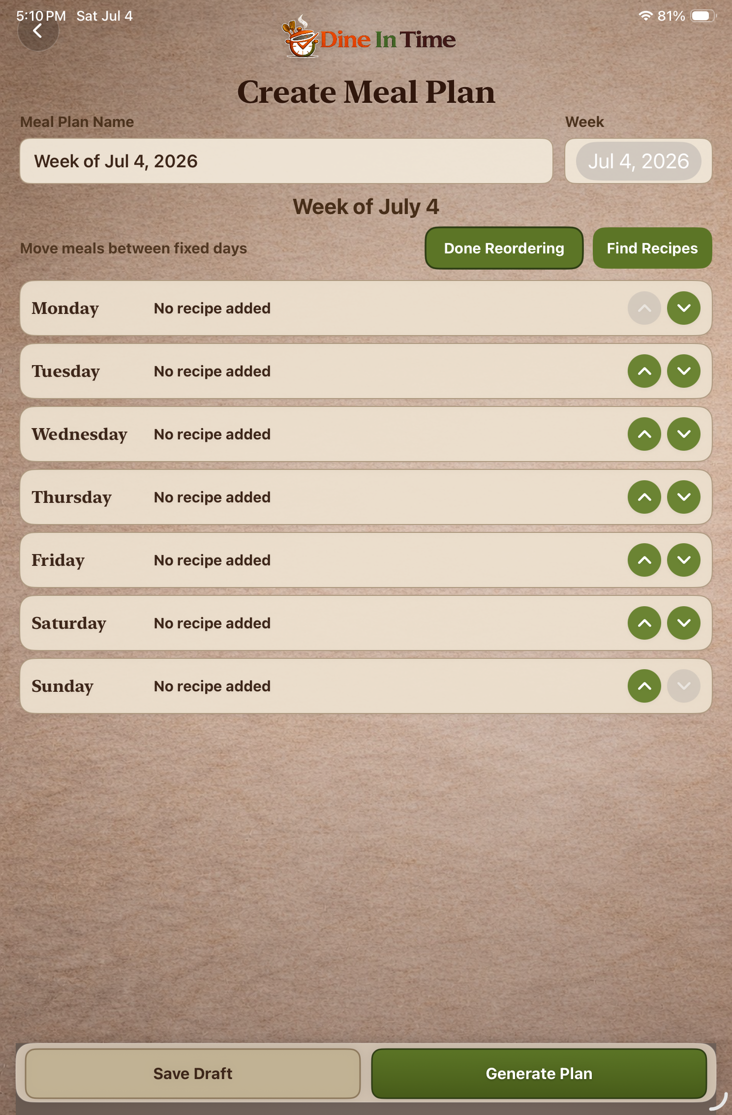 Reorder Meal Plan